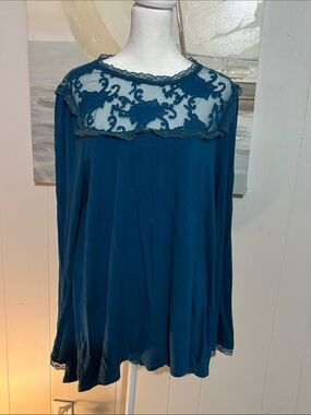 Grace Elements Teal Floral Embroidered Long-Sleeve Top